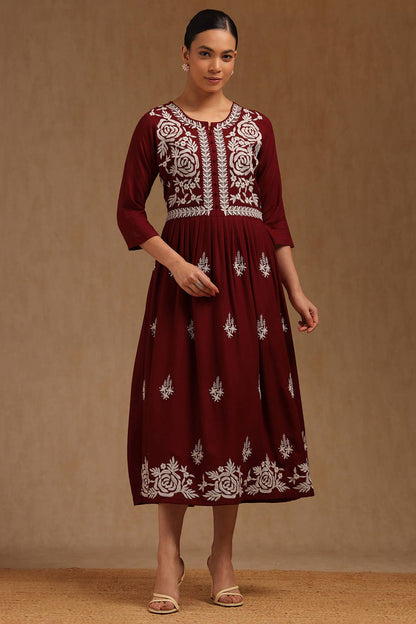 Wine Whisper Embroidered Dress