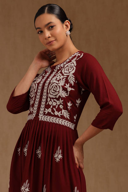 Wine Whisper Embroidered Dress